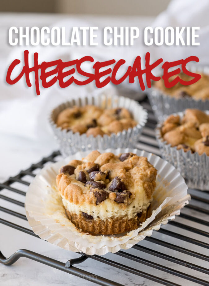 Chocolate Chip Cookie Cheesecake Cups are filled with a creamy cheesecake center and surrounded by buttery chocolate chip cookie dough! These are perfect little bites of deliciousness!