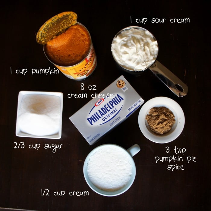 A display of measured ingredients needed to make Pumpkin Cheesecake Ice Cream