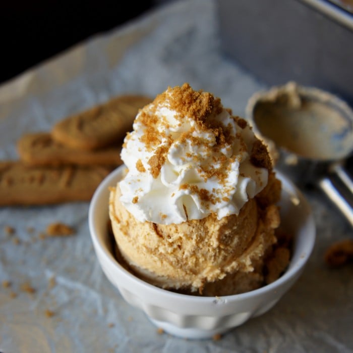 A scoop of Pumpkin Cheesecake Ice Cream in a bowl topped with whipped cream