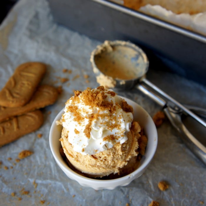 A look from above of scoops of Pumpkin Cheesecake Ice Cream in a bowl topped with whipped cream 