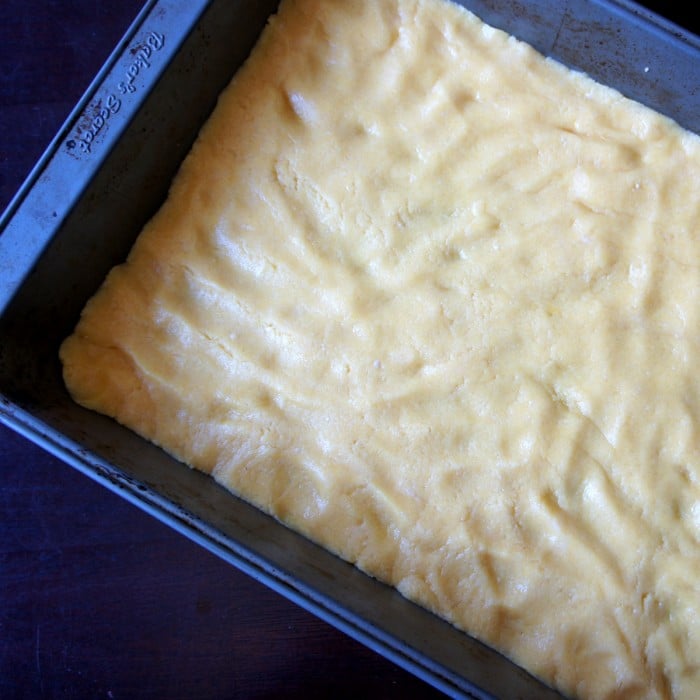 A pan of food, with cake batter in it