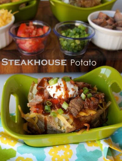 A display of a baked potato topped with a variety of toppings