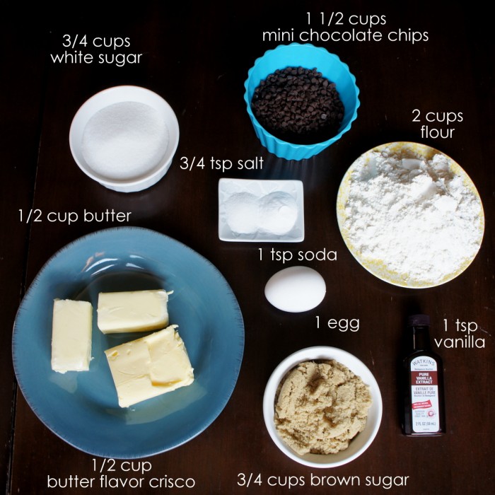 A display of measured ingredients needed to make Chocolate Chip Cookies