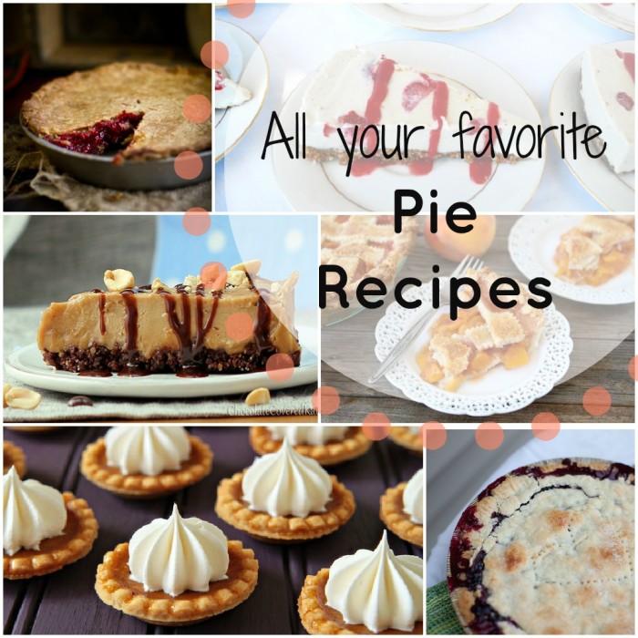 A grid of pictures with a variety of pie and a title, \"All your favorite Pie Recipes\"