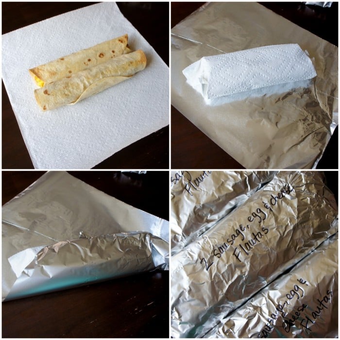 A grid of four pictures displaying how to wrap the breakfast sausages in tinfoil to freeze for later