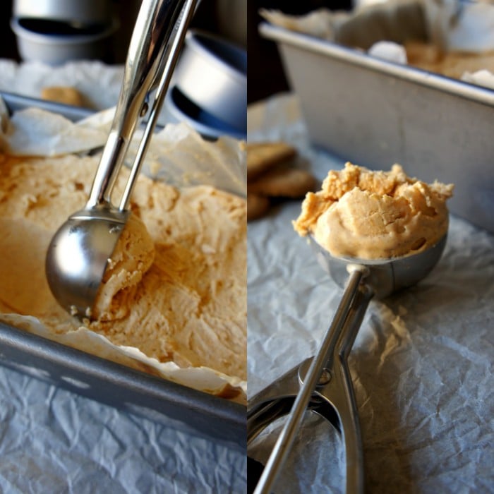 Two pictures - left: an ice cream scooper scooping ice cream from a pan, right; a scoop of ice cream in the scooper on a table 