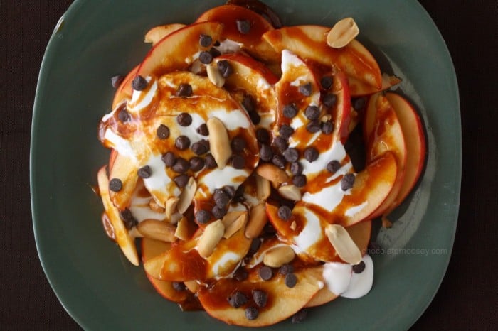 A overhead view of Apple Nachos topped with mini chocolate chips