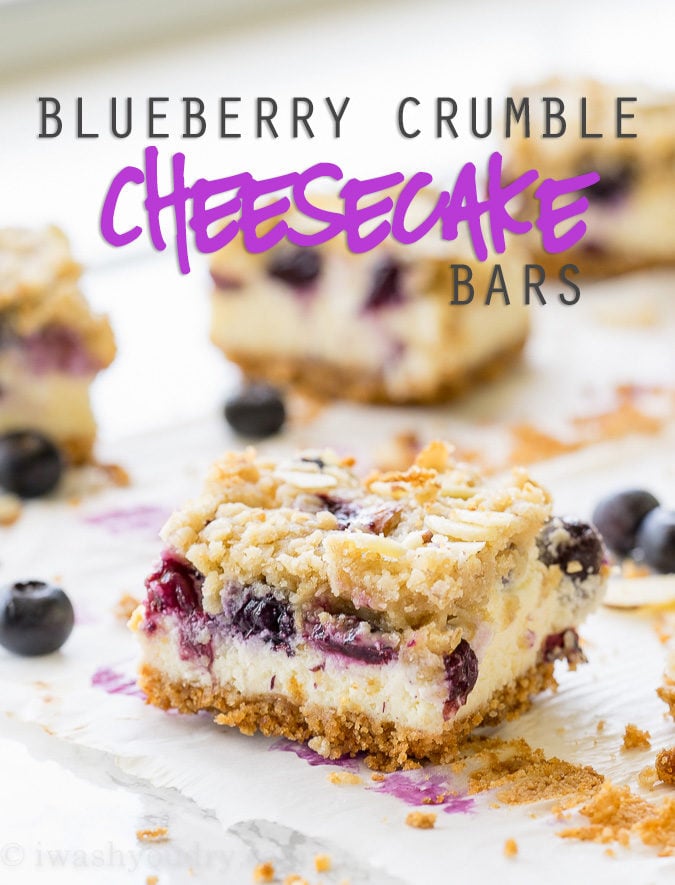 These Blueberry Crumble Cheesecake Bars combine all of my favorites into one super easy dessert recipe! So good!