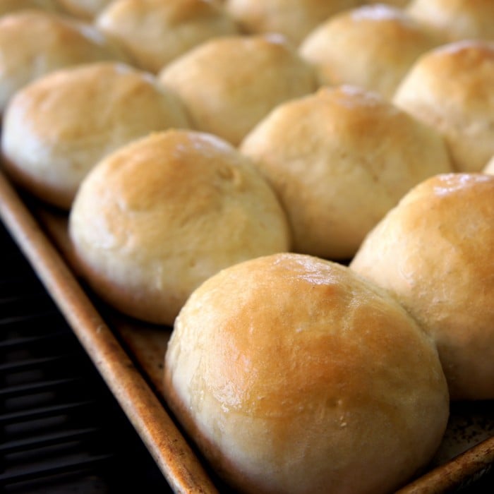 A close up of a pan of baked rolls