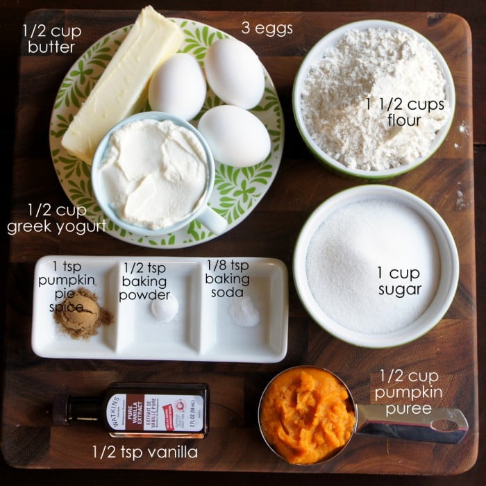 A display of measured ingredients needed to make Pumpkin Yogurt Pound Cake