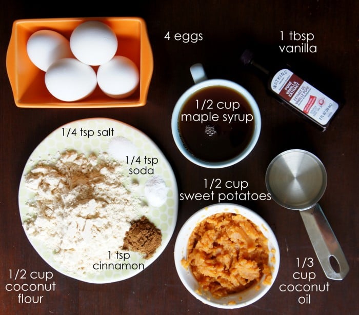 A display measured ingredients needed to make Gluten Free Sweet Potato Muffins