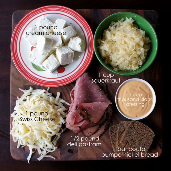 A display of measured ingredients needed to make Creamy Hot Reuben Sandwich Party Dip