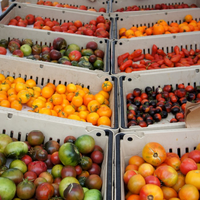Boxes of fruit at a Farmers Market in San Fransisco