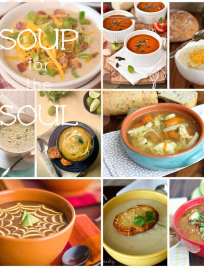 A grid of nine pictures with different soups titled " Soup for the Soul"