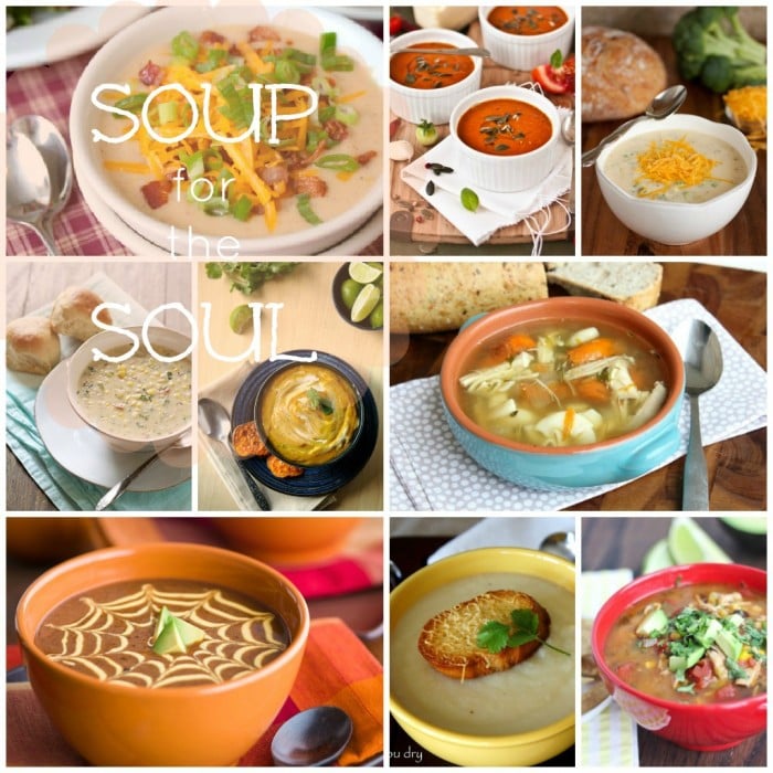 A grid of nine pictures with different soups titled \" Soup for the Soul\"