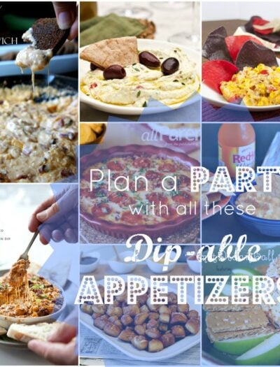 A grid of 9 pictures with a variety of party food titled, " Plan a Party with all these Dip-able Appetizers"