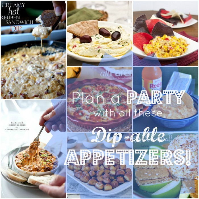 A grid of 9 pictures with a variety of party food titled, \" Plan a Party with all these Dip-able Appetizers\"