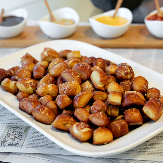 A large serving tray of pretzel bites