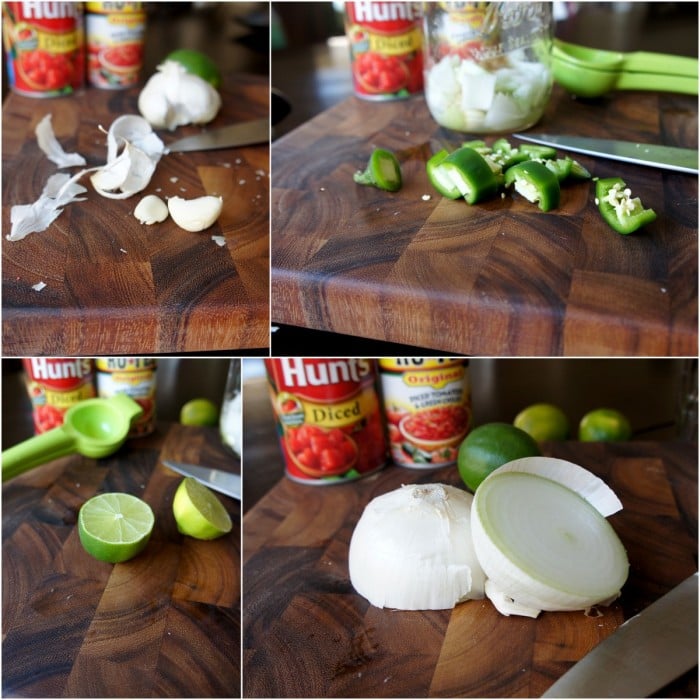 A grid of pictures demonstrating what ingredients are needed to make Quick and Easy Mason Jar salsa