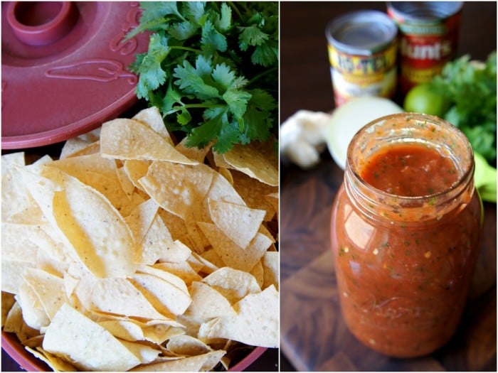 A close up fo a bowl of chips on the left and a mason jar full of salsa on the right