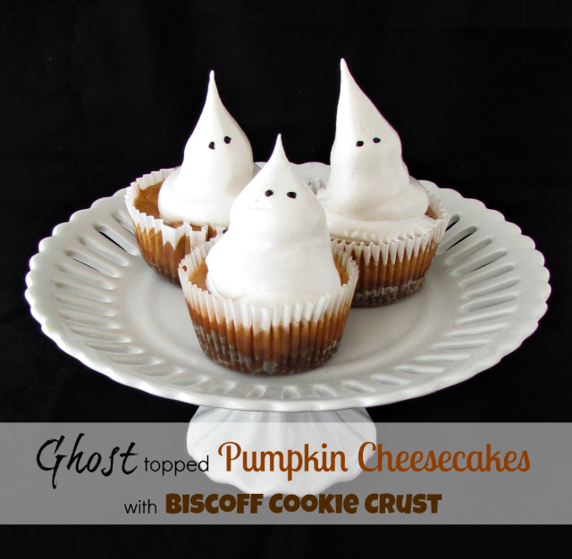 Three Ghost Pumpkin cheese cakes displayed on a cake plate