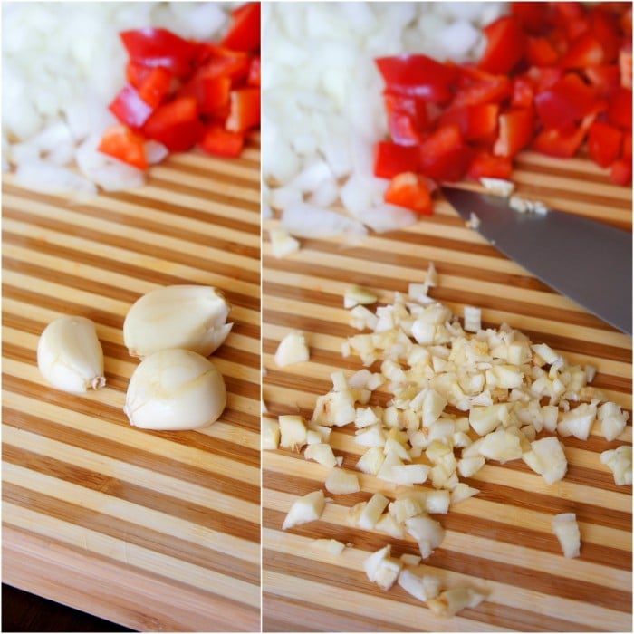 Two pictures demonstrating the garlic cloves before and after they are chopped 