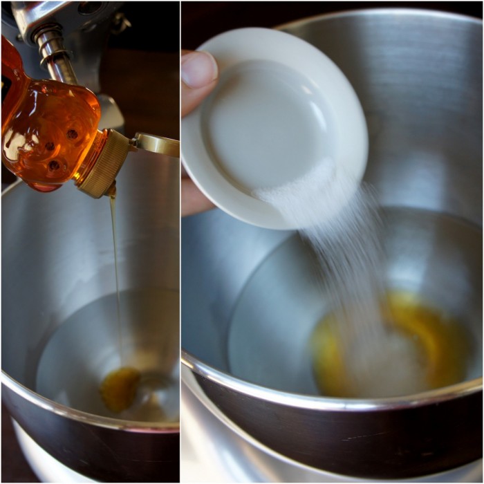 Two pics demonstrating honey and sugar being added to a mixing bowl with water in it