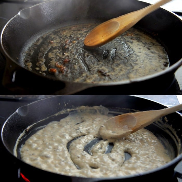 Two pictures - top: a wooden spoon stirring melted butter in a pan, bottom: a wooden spoon stirring a sauce