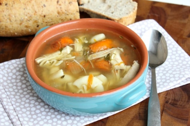 A close up of a bowl of chicken noodle soup