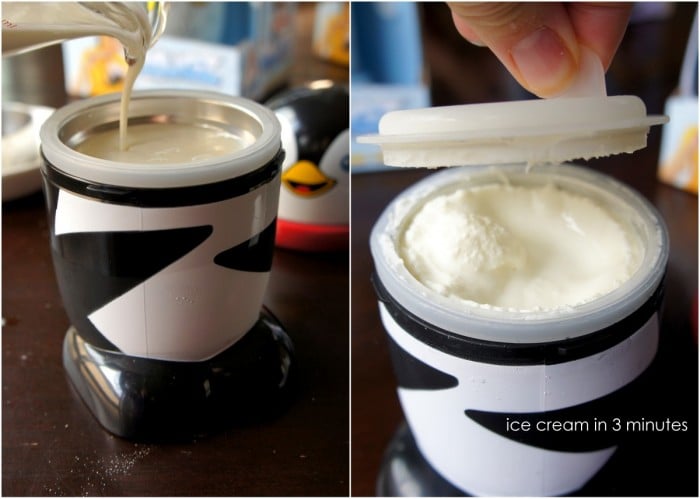 A grid of two pictures - left: liquid being poured into the ice cream maker, right: a lid being placed on top of container
