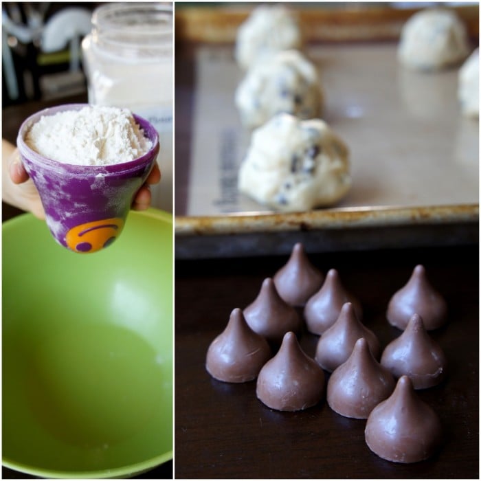 A grid of three pictures showing how to make the stuffed chocolate chip cookies
