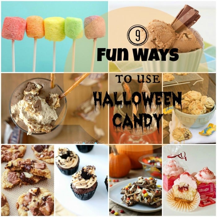 A grid of 9 Halloween themed foods with the title \"9 Fun Ways to Use Halloween Candy\"