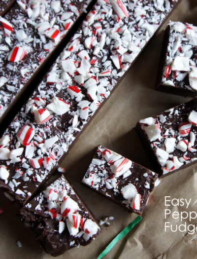 A close up of Peppermint Fudge sliced into squares