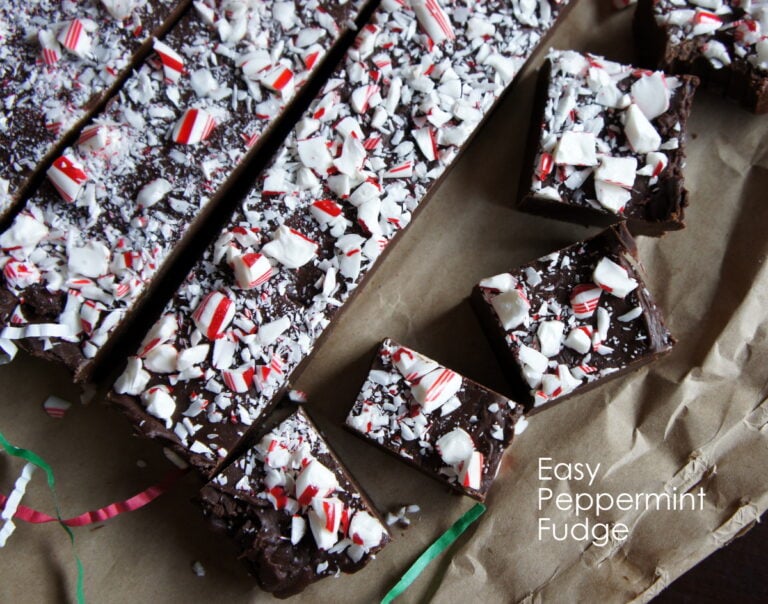 A close up of Peppermint Fudge sliced into squares