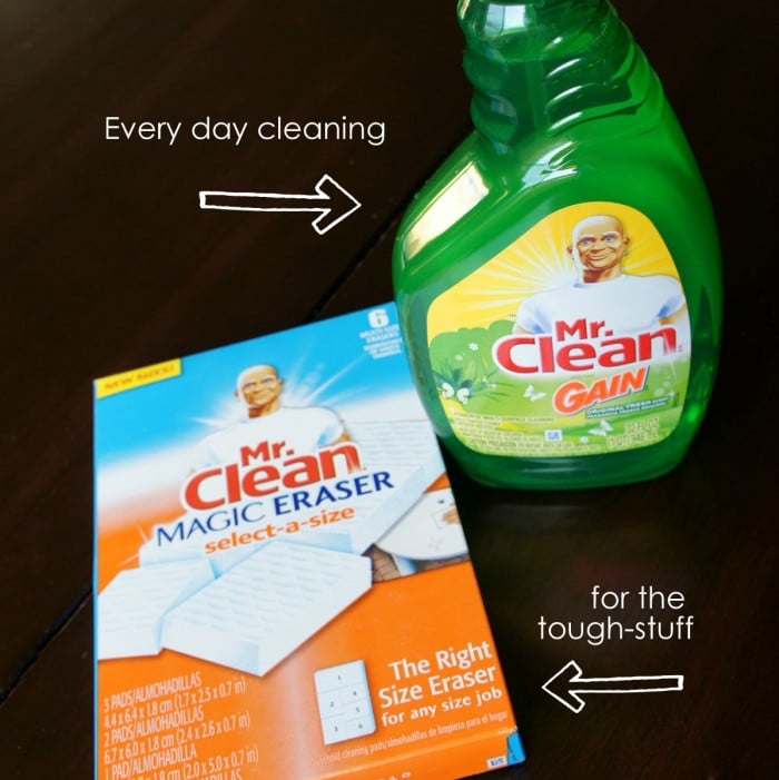 A bottle of Mr Clean spray and a package of Mr Clean Magic Eraser