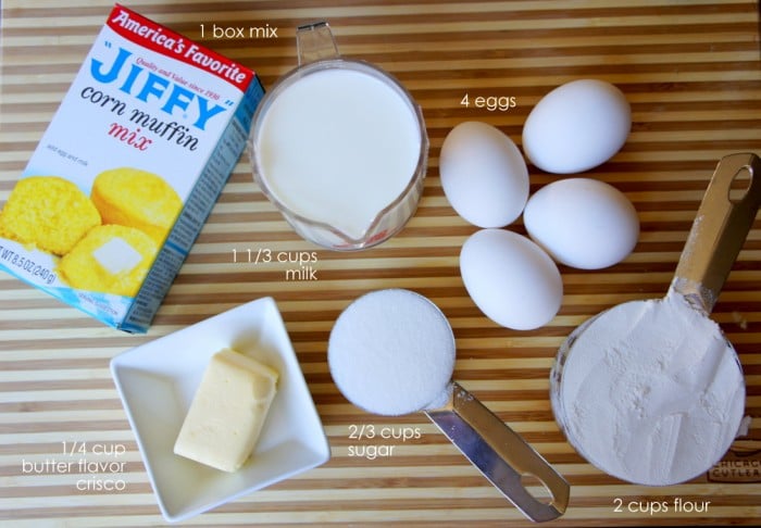 A display of measured ingredients needed for Sweet Skillet Cornbread