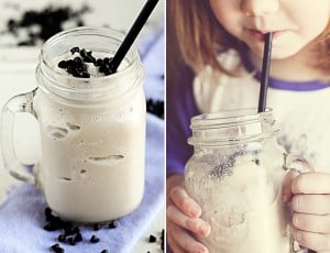 Two pics: left- a Frozen Hot chocolate topped with chocolate chips and a straw, right- someone drinking the drink