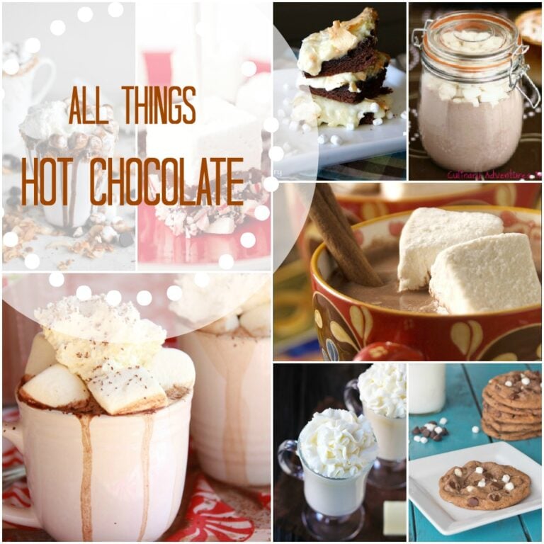 A grid of hot chocolate based dessert pictures titled, " All Things Hot Chocolate" 