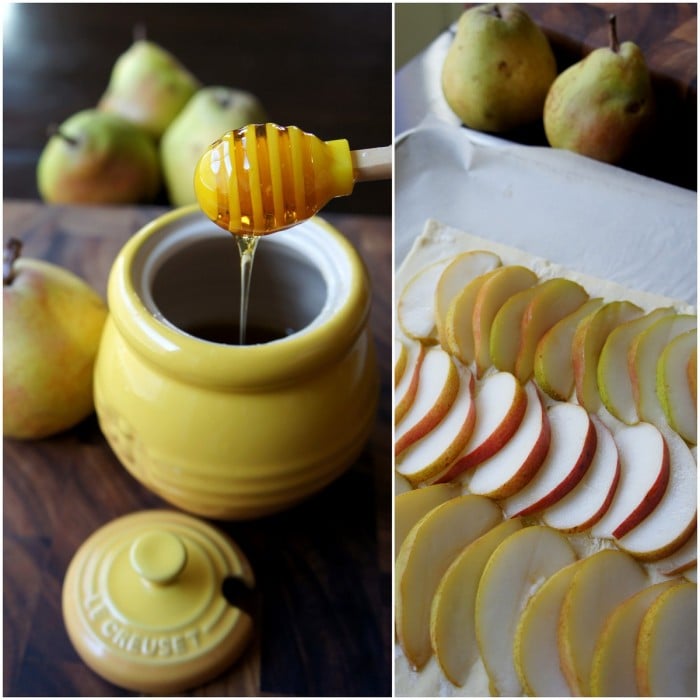 A split picture showing a container of honey on the left and three rows of sliced pears on the right