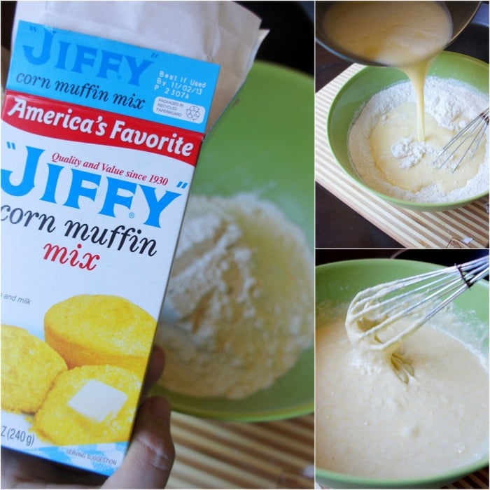 A gird of three pictures demonstrating how to make the Sweet Skillet Cornbread