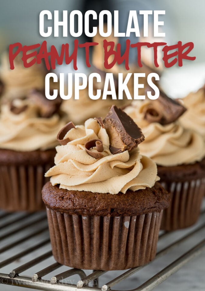 These Chocolate Peanut Butter Cupcakes with Peanut Butter Buttercream Frosting are filled with a surprise center that's sure to make you smile!