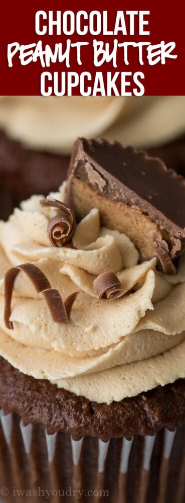 These Chocolate Peanut Butter Cupcakes with Peanut Butter Buttercream Frosting are filled with a surprise center that's sure to make you smile!