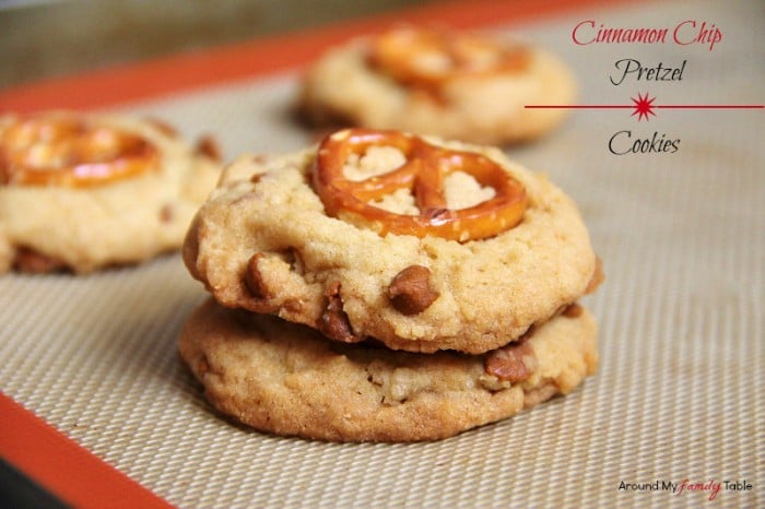 A close up of two Cinnamon Chip Pretzel Cookies