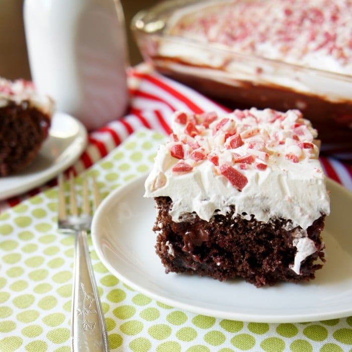 A close up of a piece of chocolate cake on a plate, with white frosting and chopped peppermint  pieces on top