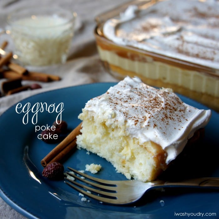 This deliciously simple Eggnog Poke Cake recipe is filled with a creamy eggnog filling and a silky smooth salted caramel topping! 