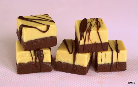 Squares of fudge with a chocolate base stacked on top of each other 