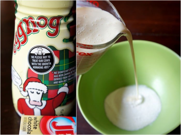 a split picture, left: showing eggnog and white chocolate pudding. right: a measuring cup pouring white liquid into a bowl