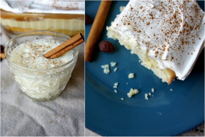 A split picture, left: with a bowl of frosting with a cinnamon stick and right: a piece of Eggnog Poke Cake on a plate