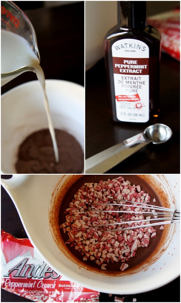 A grid of 3 pictures showing how to make Peppermint Poke Cake