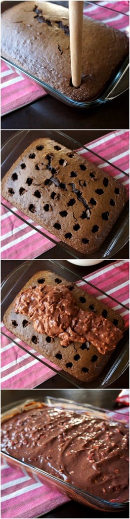 A grid on how to add the pokes and filling to the Pepperiment Poke Cake